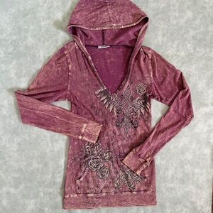 Davida long sleeve grunge hooded top with rhinestone cross